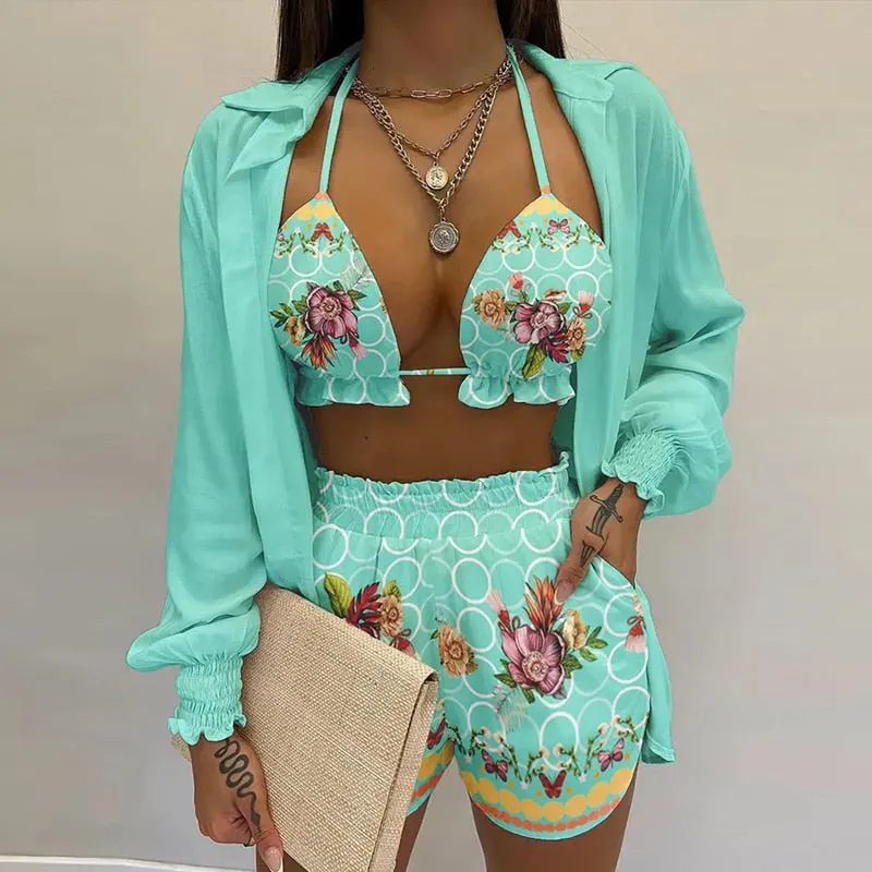 Lantern Sleeve Shirt &amp; Pocket Design Shorts Sets With Frill Hem Crop Top