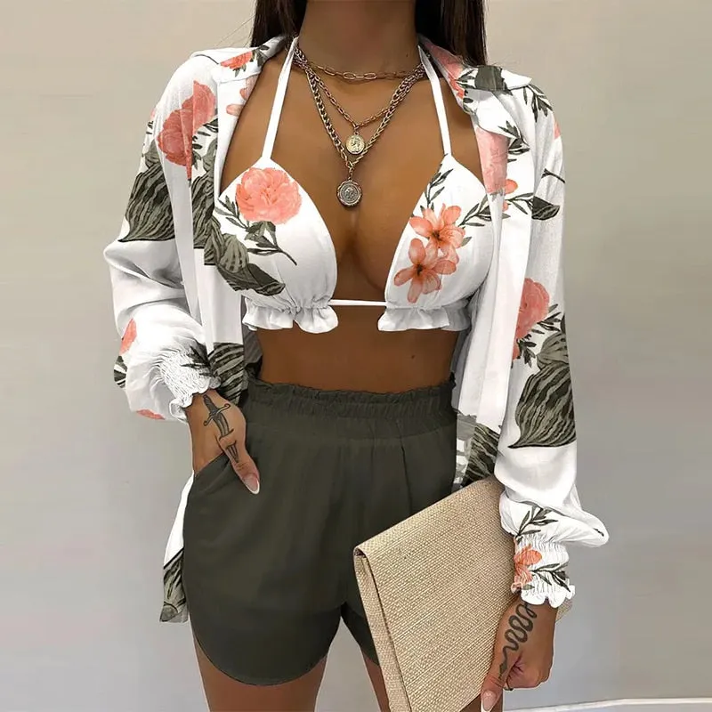 Lantern Sleeve Shirt &amp; Pocket Design Shorts Sets With Frill Hem Crop Top