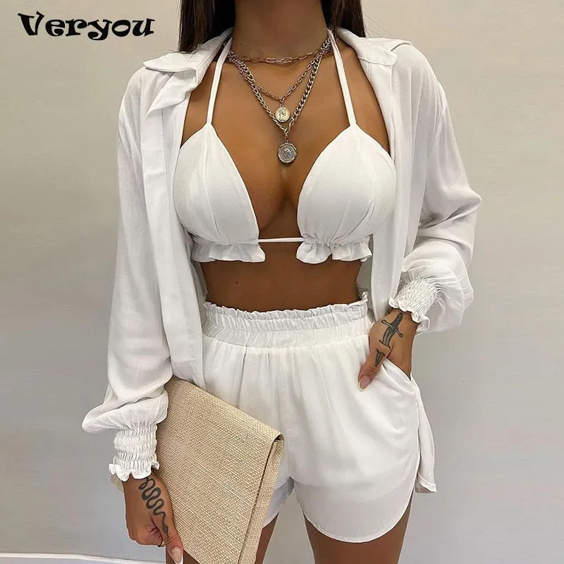 Lantern Sleeve Shirt &amp; Pocket Design Shorts Sets With Frill Hem Crop Top