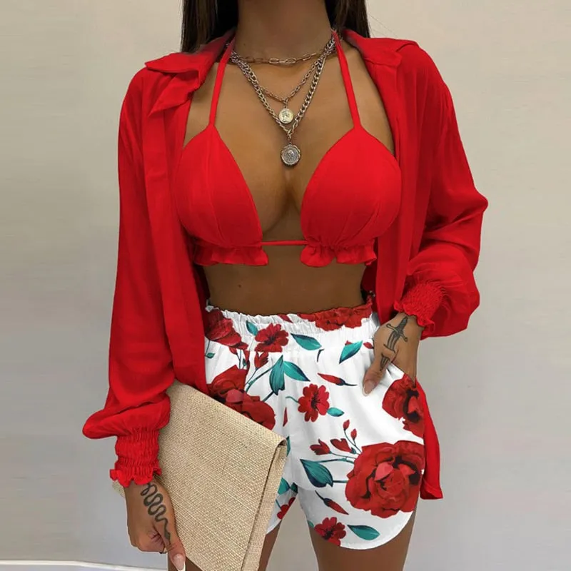 Lantern Sleeve Shirt &amp; Pocket Design Shorts Sets With Frill Hem Crop Top