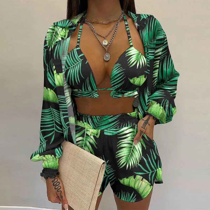 Lantern Sleeve Shirt &amp; Pocket Design Shorts Sets With Frill Hem Crop Top