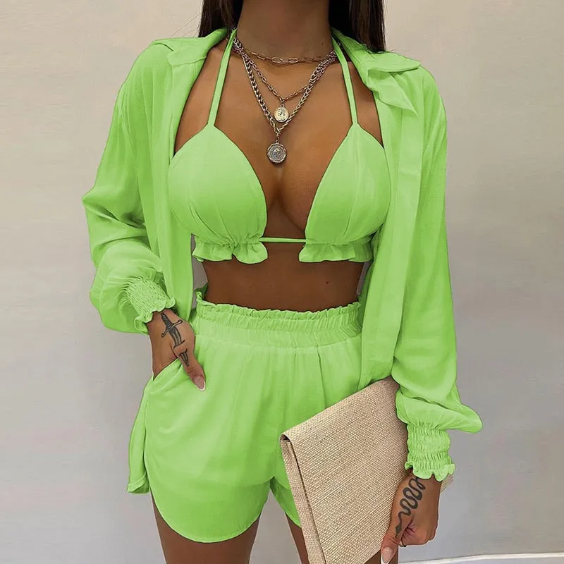 Lantern Sleeve Shirt &amp; Pocket Design Shorts Sets With Frill Hem Crop Top