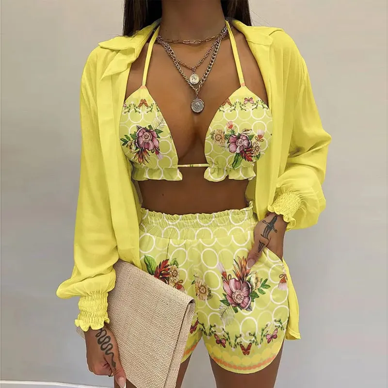 Lantern Sleeve Shirt &amp; Pocket Design Shorts Sets With Frill Hem Crop Top