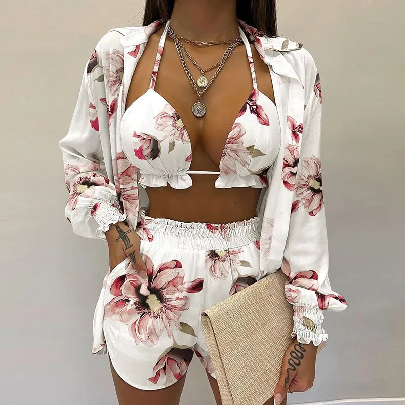 Lantern Sleeve Shirt &amp; Pocket Design Shorts Sets With Frill Hem Crop Top