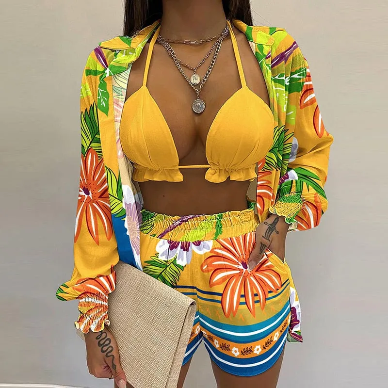 Lantern Sleeve Shirt &amp; Pocket Design Shorts Sets With Frill Hem Crop Top