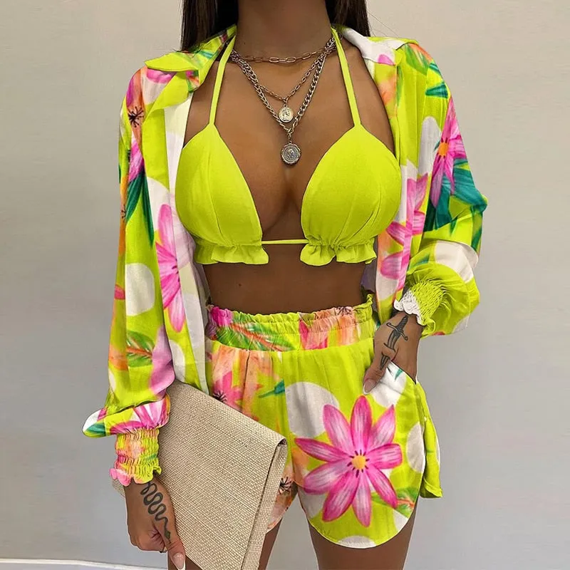 Lantern Sleeve Shirt &amp; Pocket Design Shorts Sets With Frill Hem Crop Top