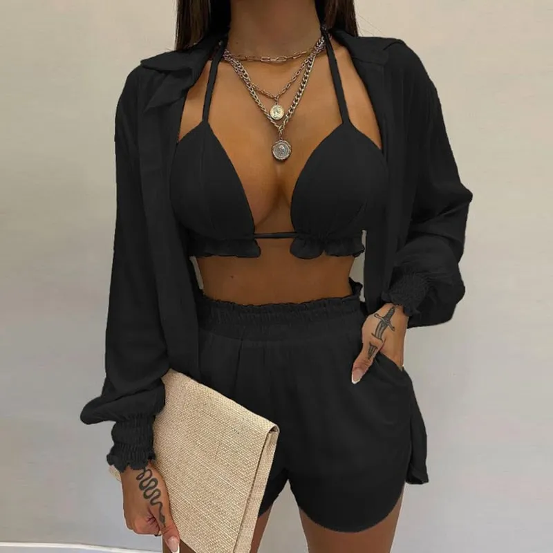 Lantern Sleeve Shirt &amp; Pocket Design Shorts Sets With Frill Hem Crop Top