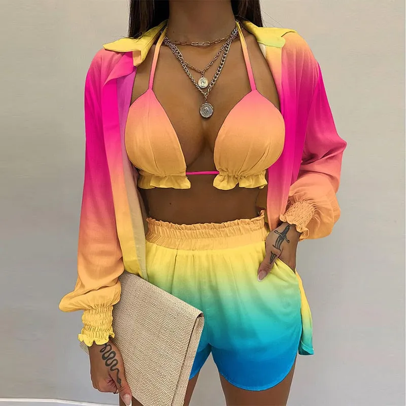 Lantern Sleeve Shirt &amp; Pocket Design Shorts Sets With Frill Hem Crop Top