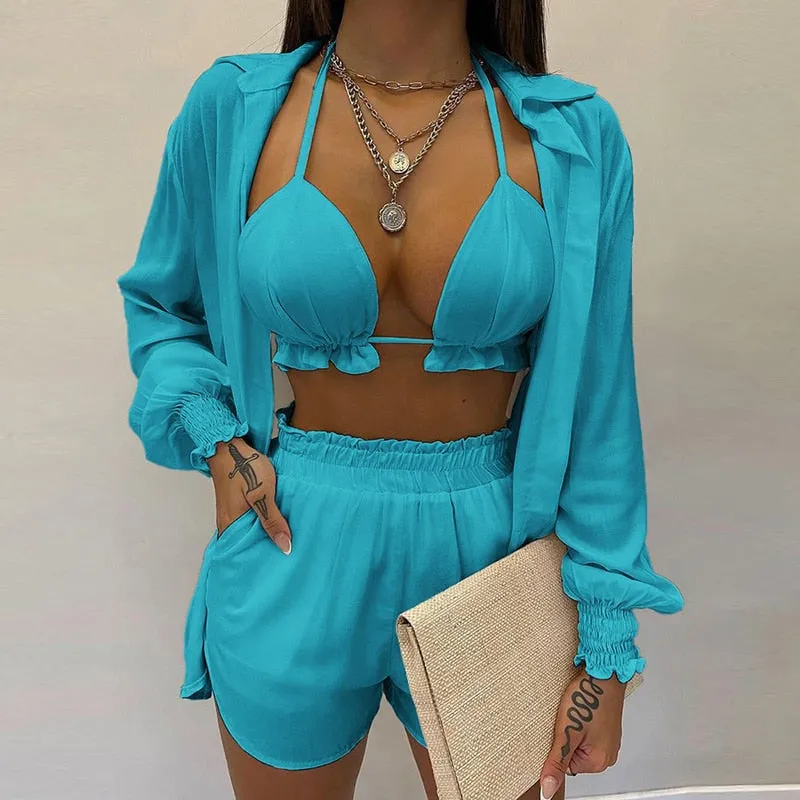 Lantern Sleeve Shirt &amp; Pocket Design Shorts Sets With Frill Hem Crop Top