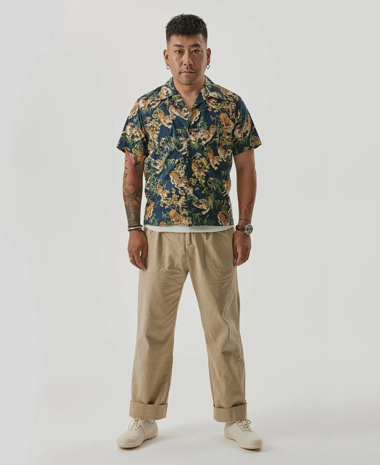 Lot AS08 Ukiyo-e Tiger & Bambo Pattern Aloha Shirt - Navy