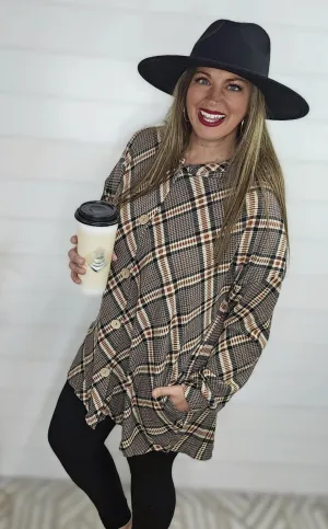 MOCHA/RUST CHECK OVERSIZED HOODED BUTTON DOWN TUNIC