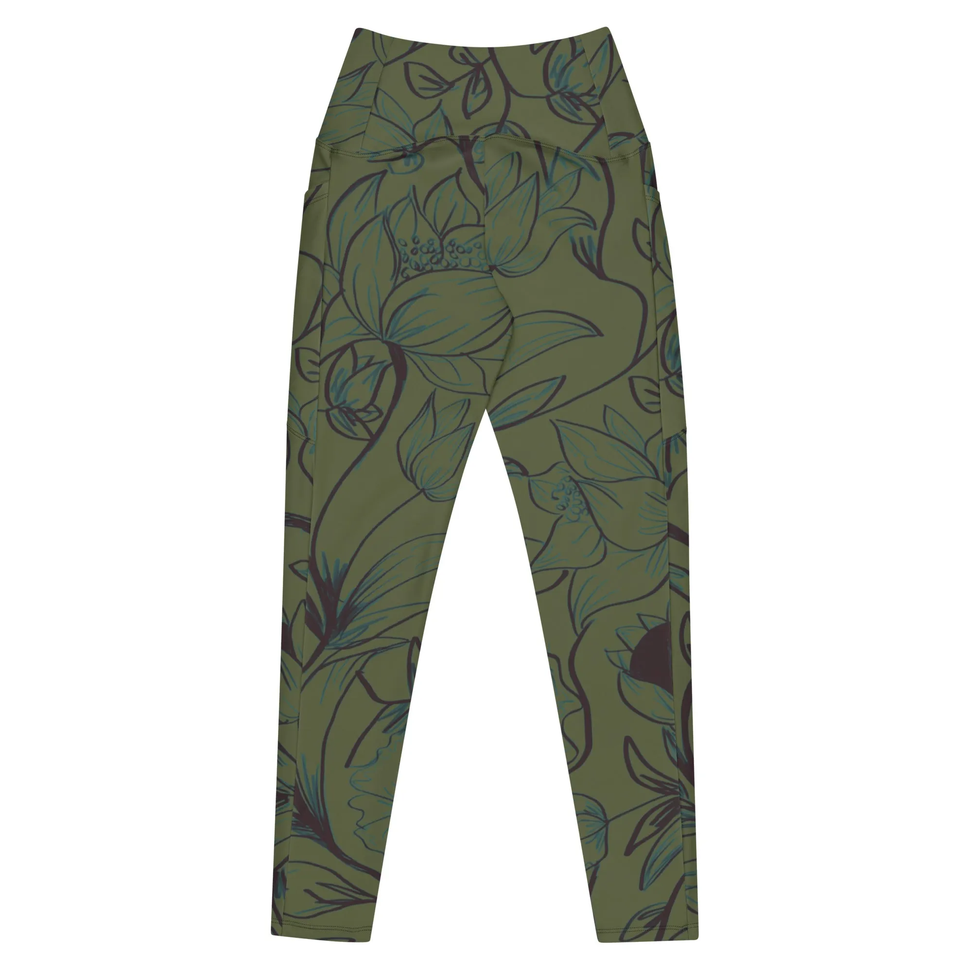 Olive Green with Flowers Leggings with pockets. Miami Collection