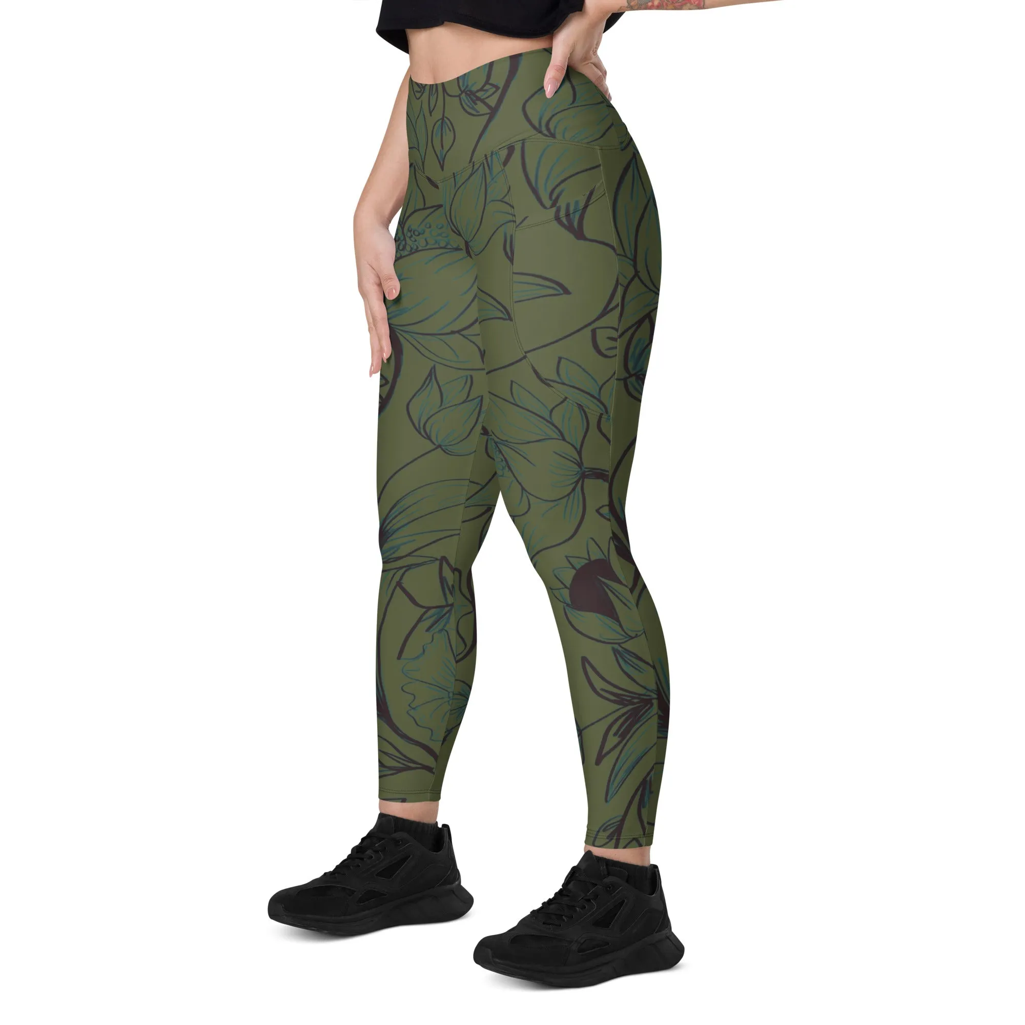 Olive Green with Flowers Leggings with pockets. Miami Collection
