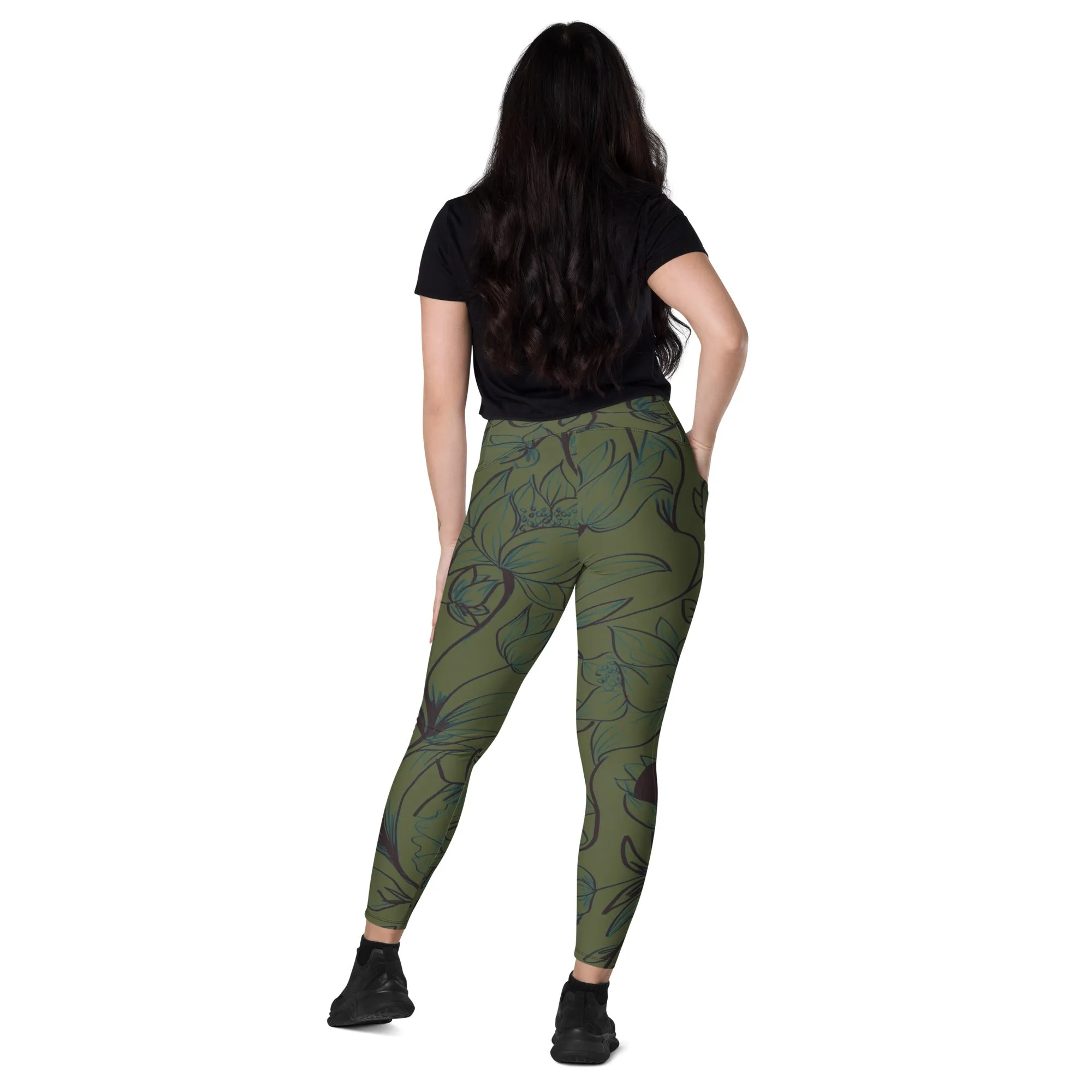 Olive Green with Flowers Leggings with pockets. Miami Collection