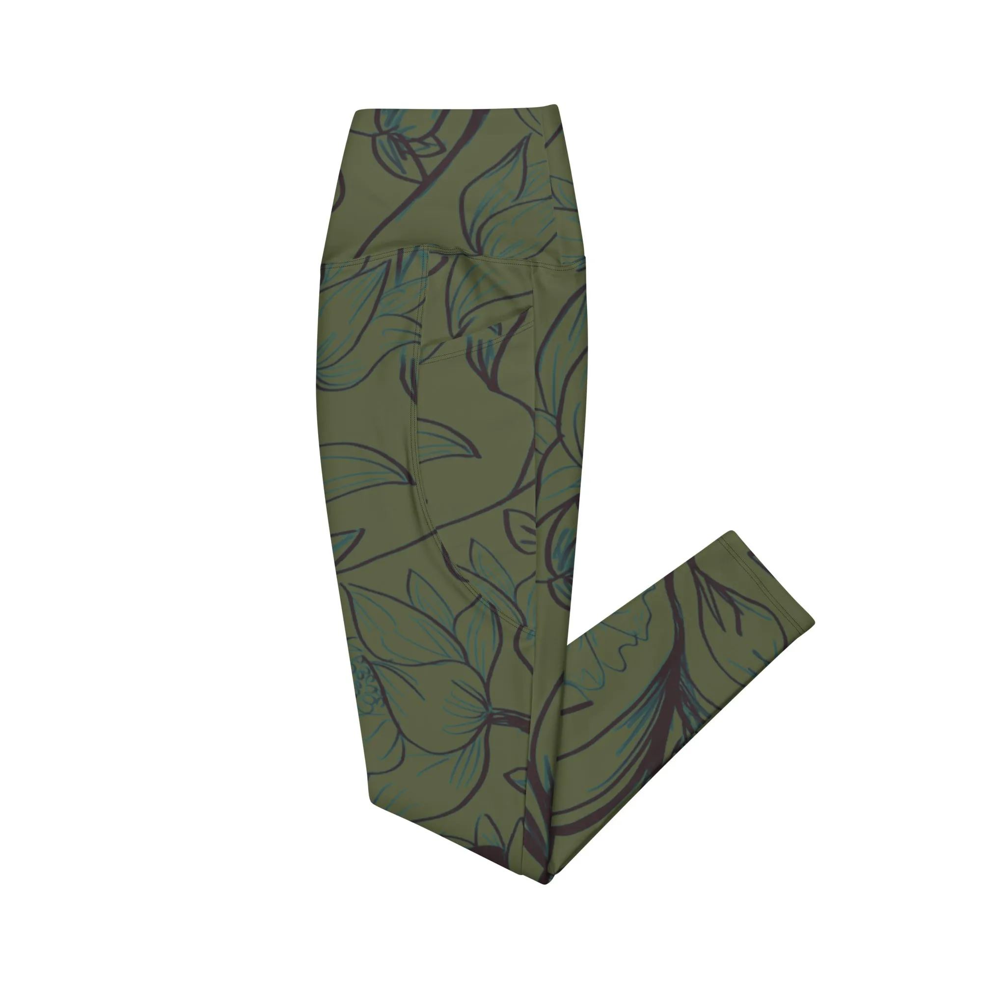 Olive Green with Flowers Leggings with pockets. Miami Collection