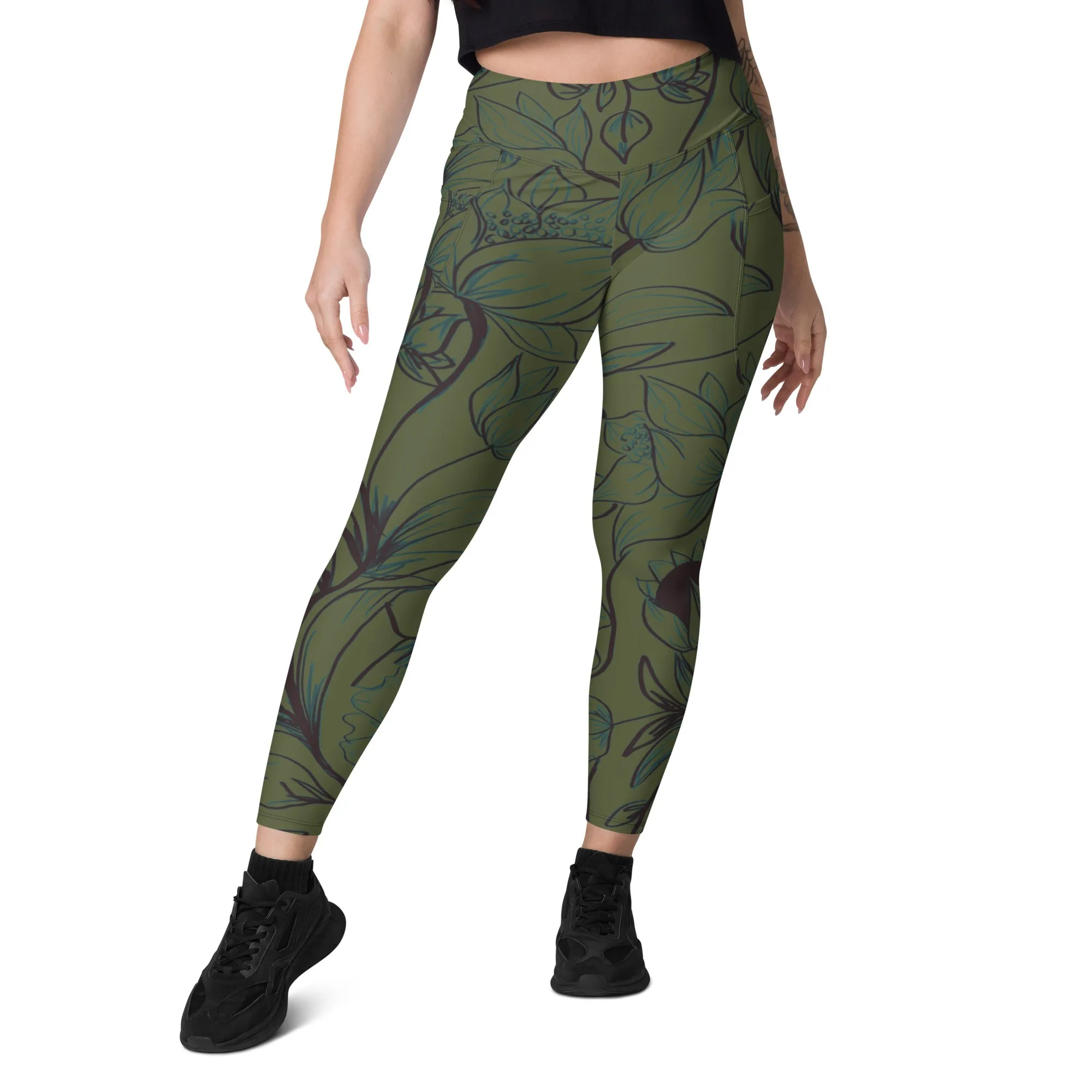Olive Green with Flowers Leggings with pockets. Miami Collection