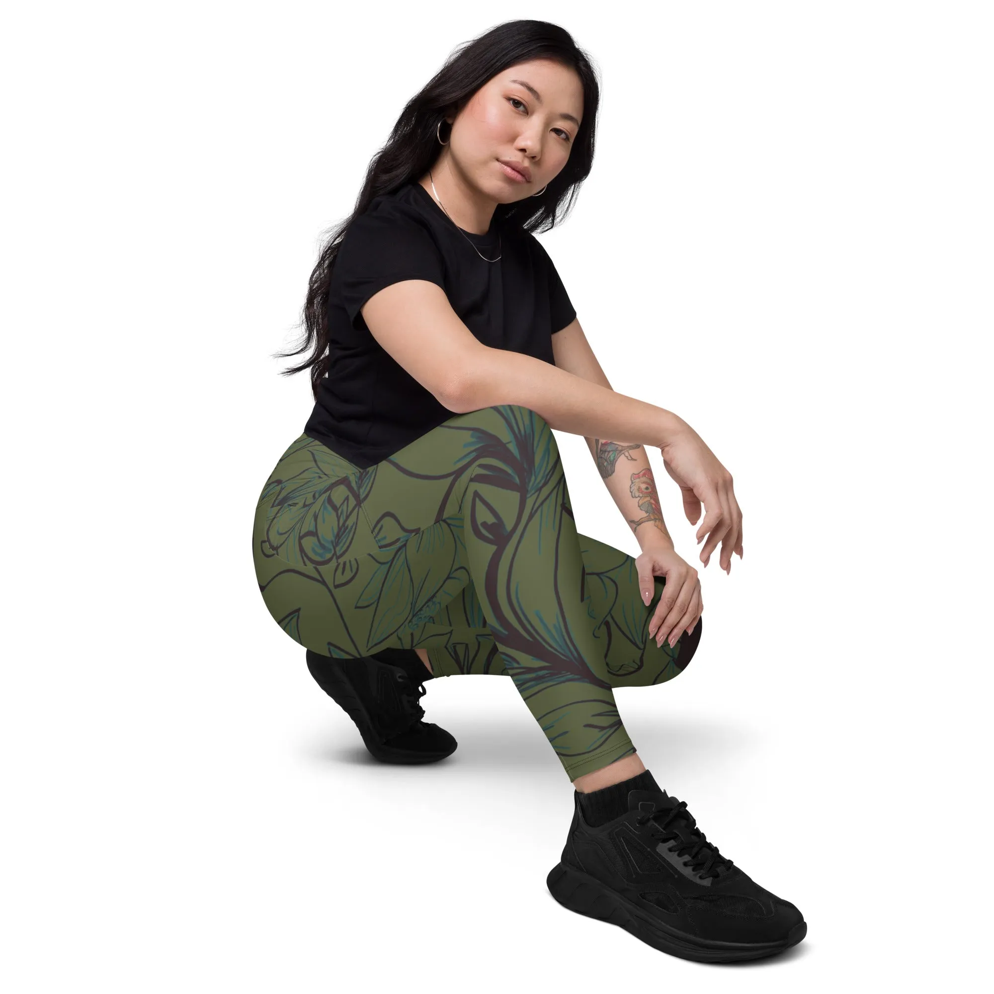 Olive Green with Flowers Leggings with pockets. Miami Collection