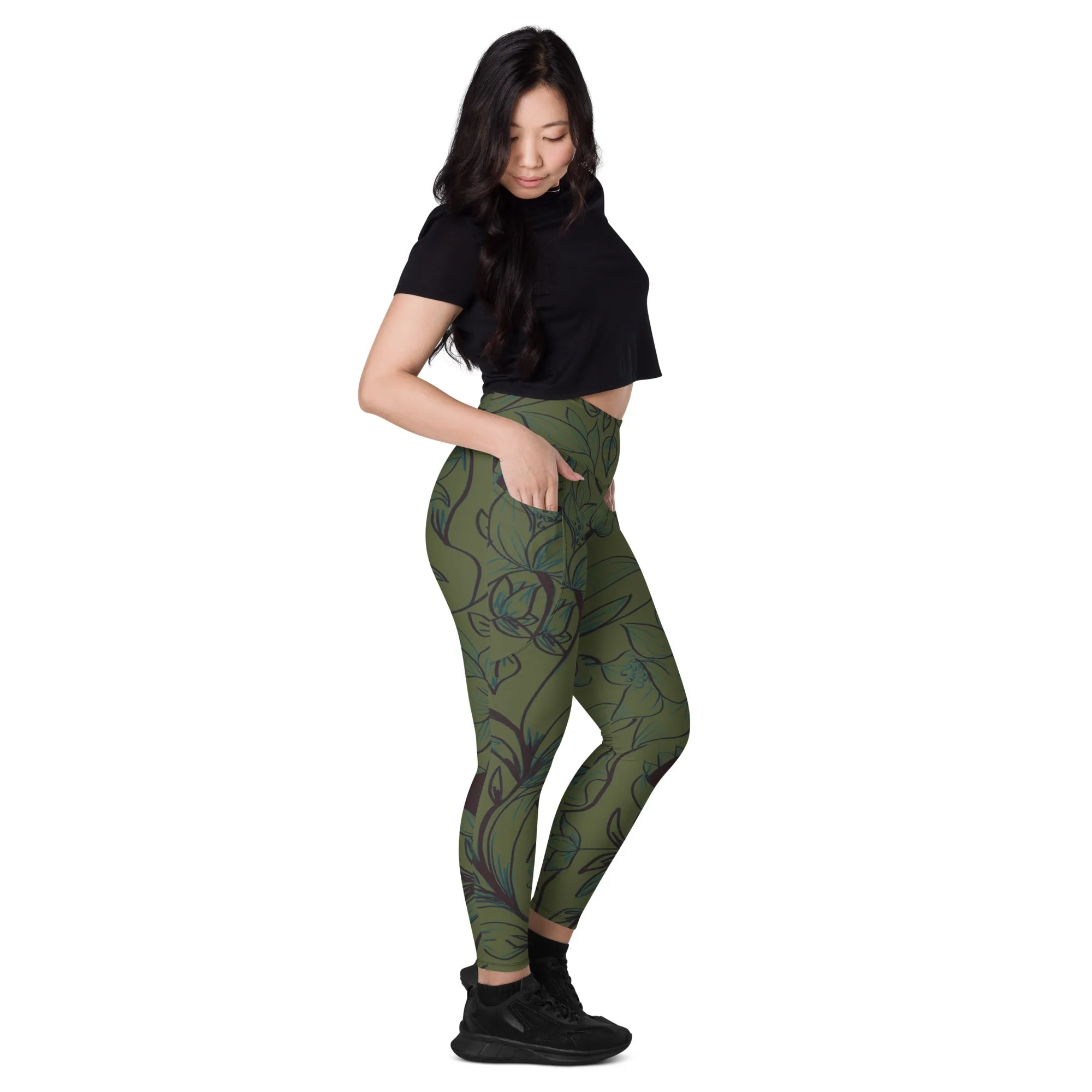 Olive Green with Flowers Leggings with pockets. Miami Collection