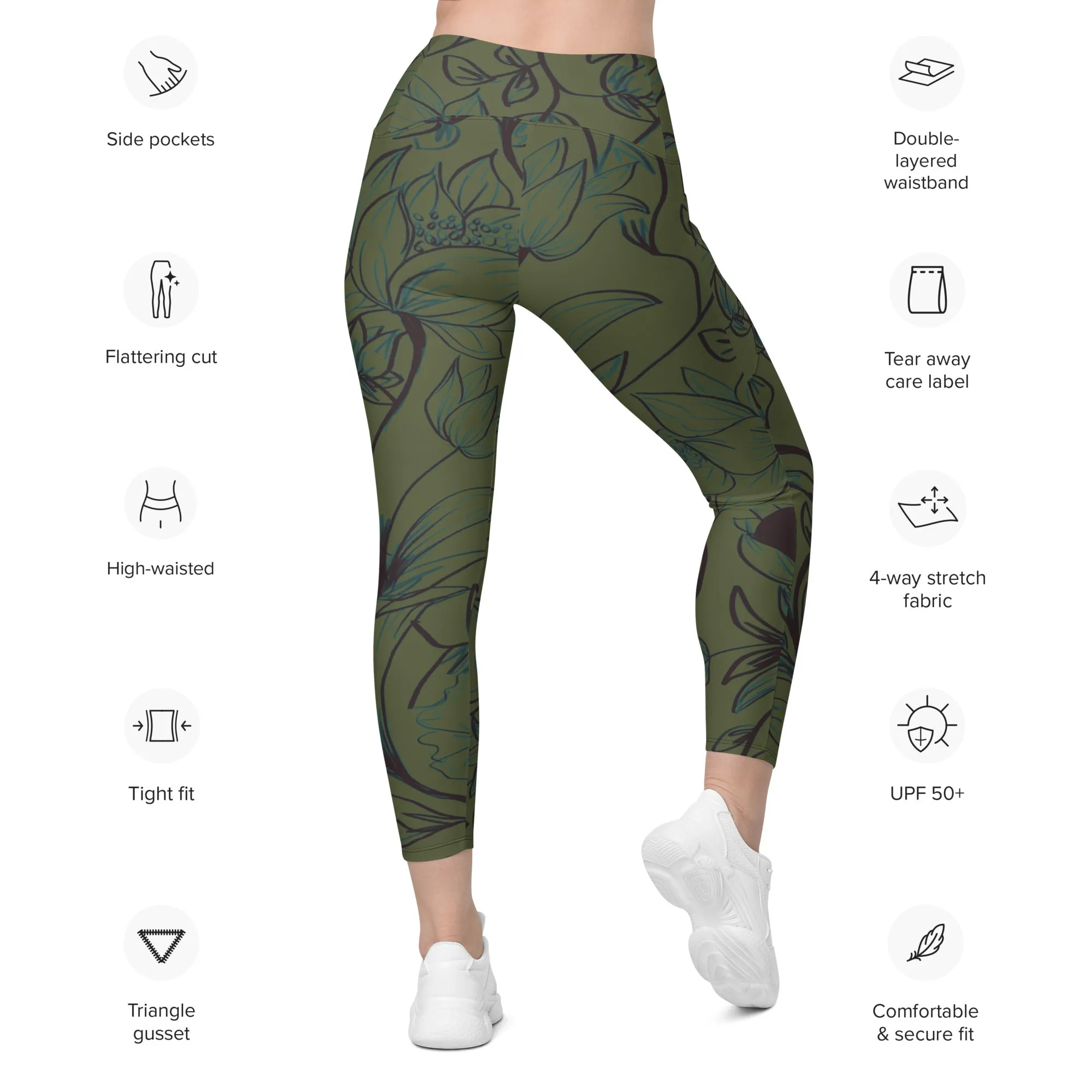 Olive Green with Flowers Leggings with pockets. Miami Collection