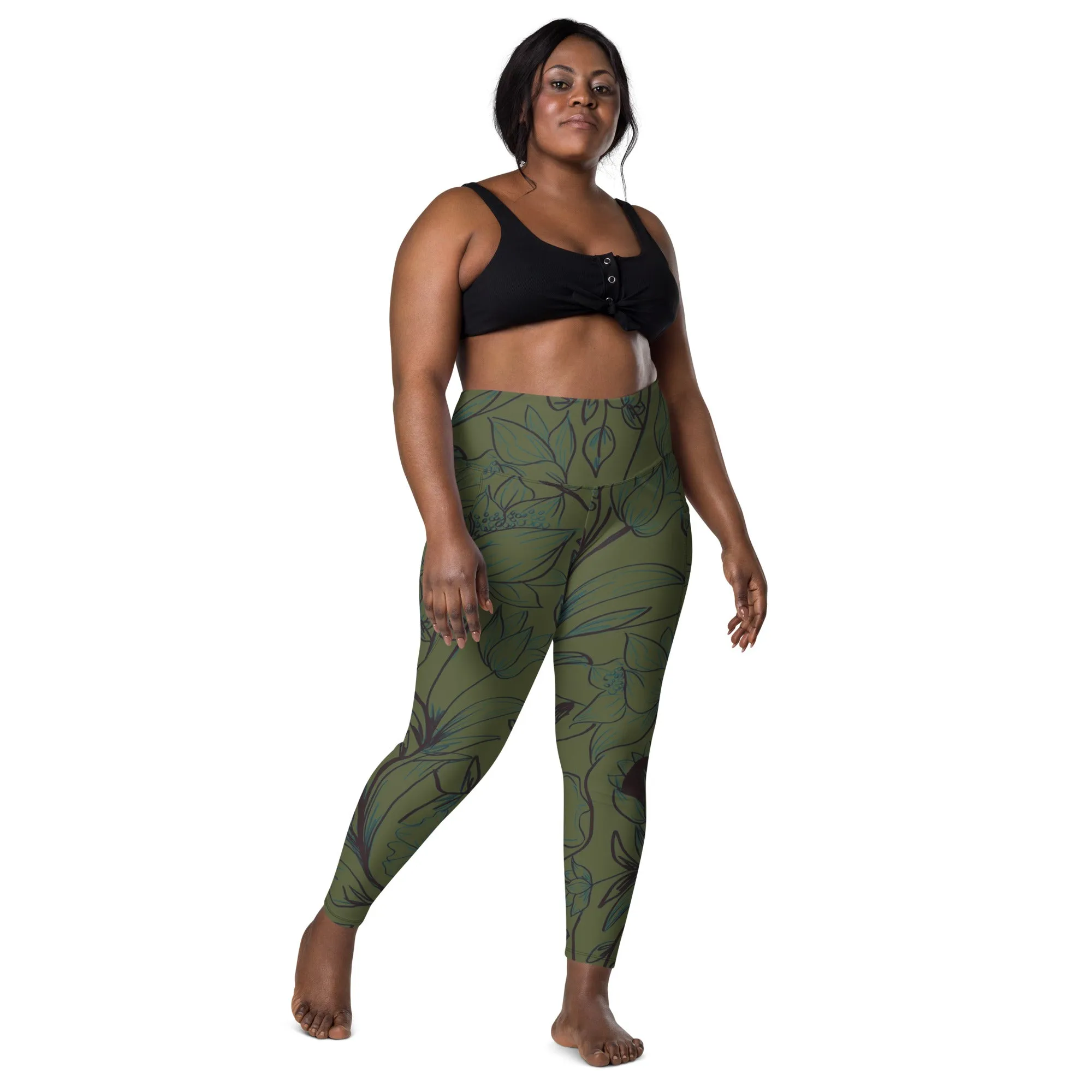 Olive Green with Flowers Leggings with pockets. Miami Collection