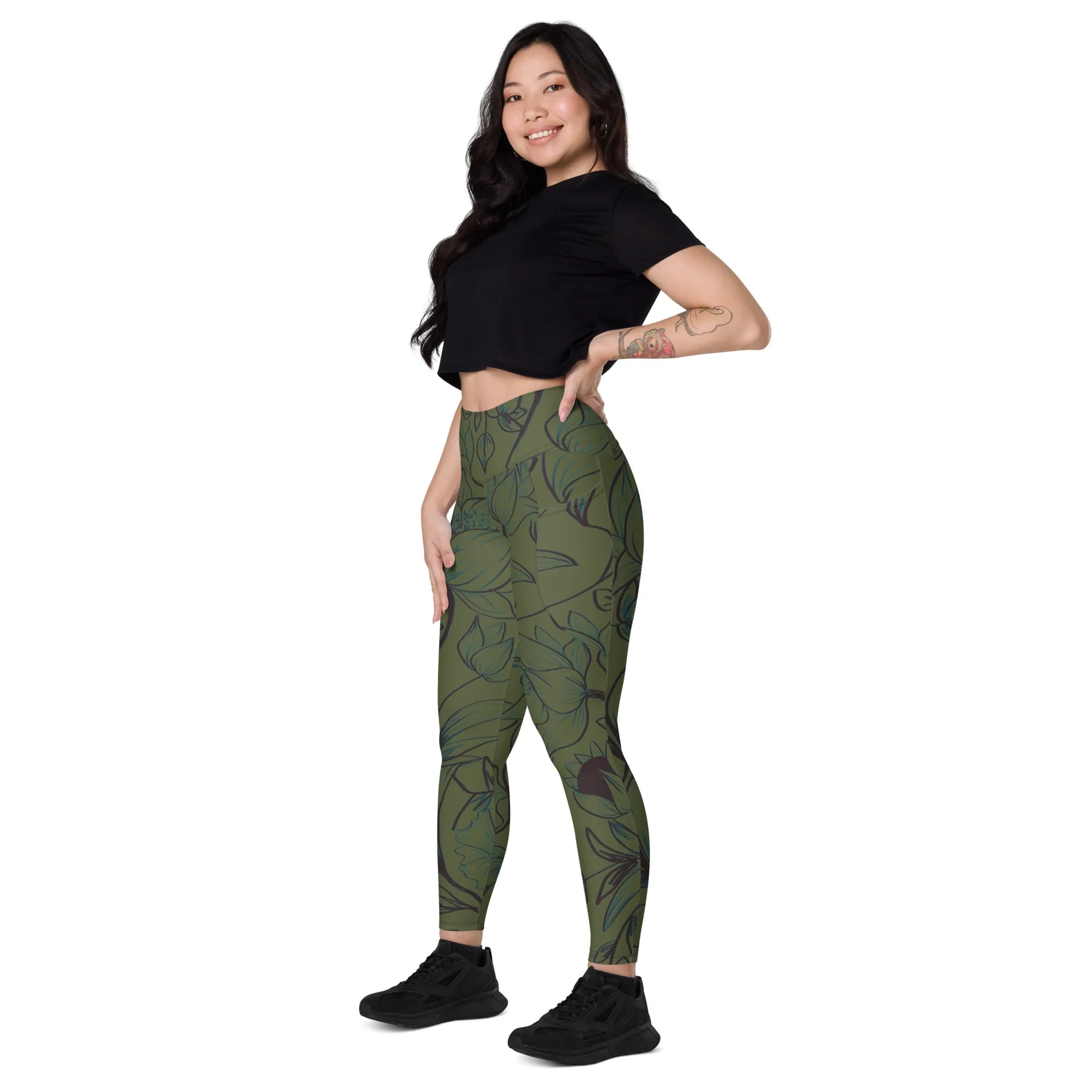 Olive Green with Flowers Leggings with pockets. Miami Collection