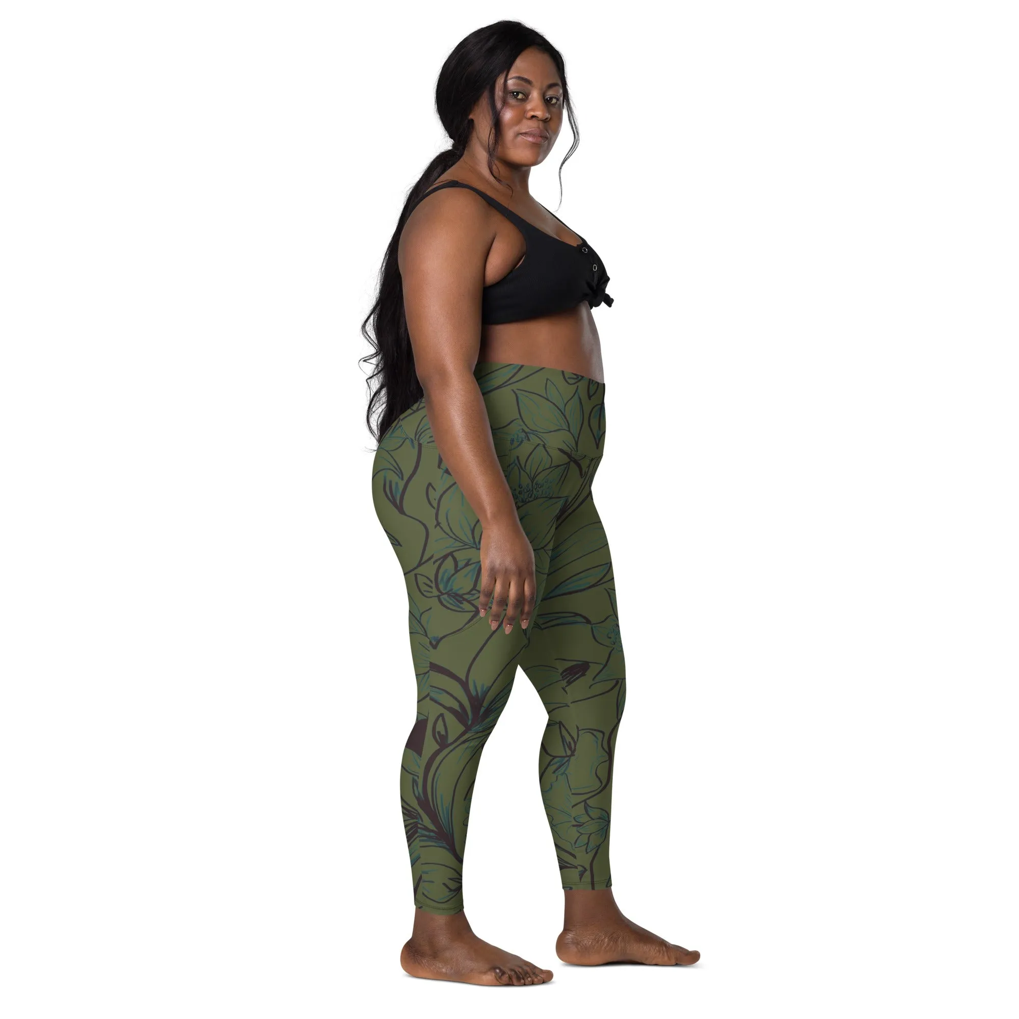 Olive Green with Flowers Leggings with pockets. Miami Collection