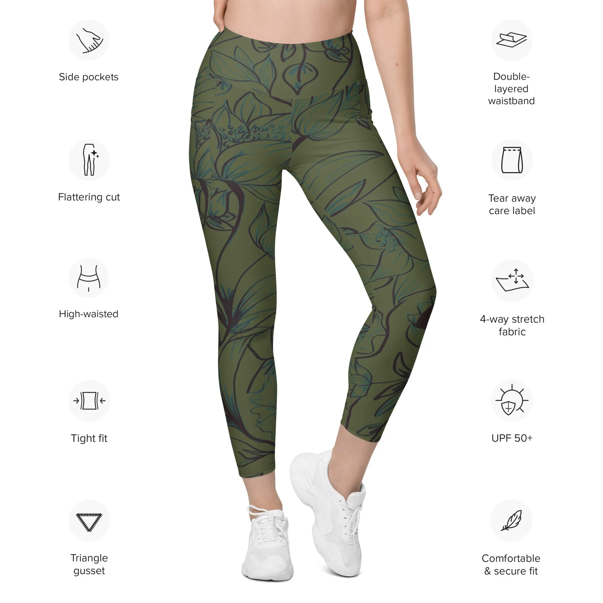 Olive Green with Flowers Leggings with pockets. Miami Collection
