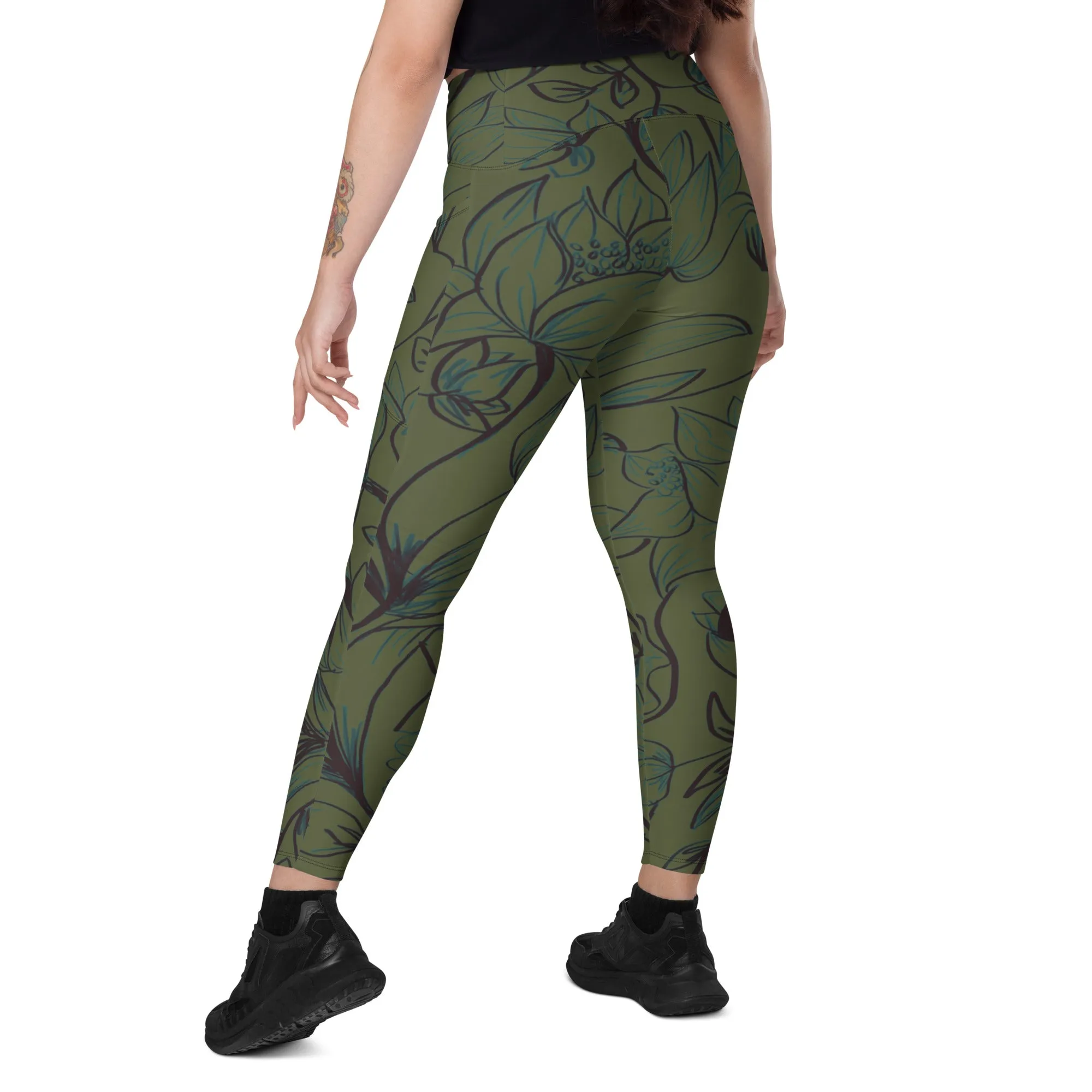 Olive Green with Flowers Leggings with pockets. Miami Collection