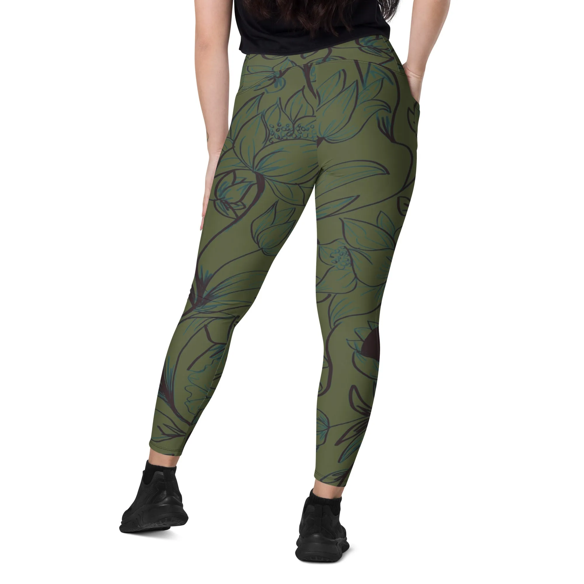 Olive Green with Flowers Leggings with pockets. Miami Collection