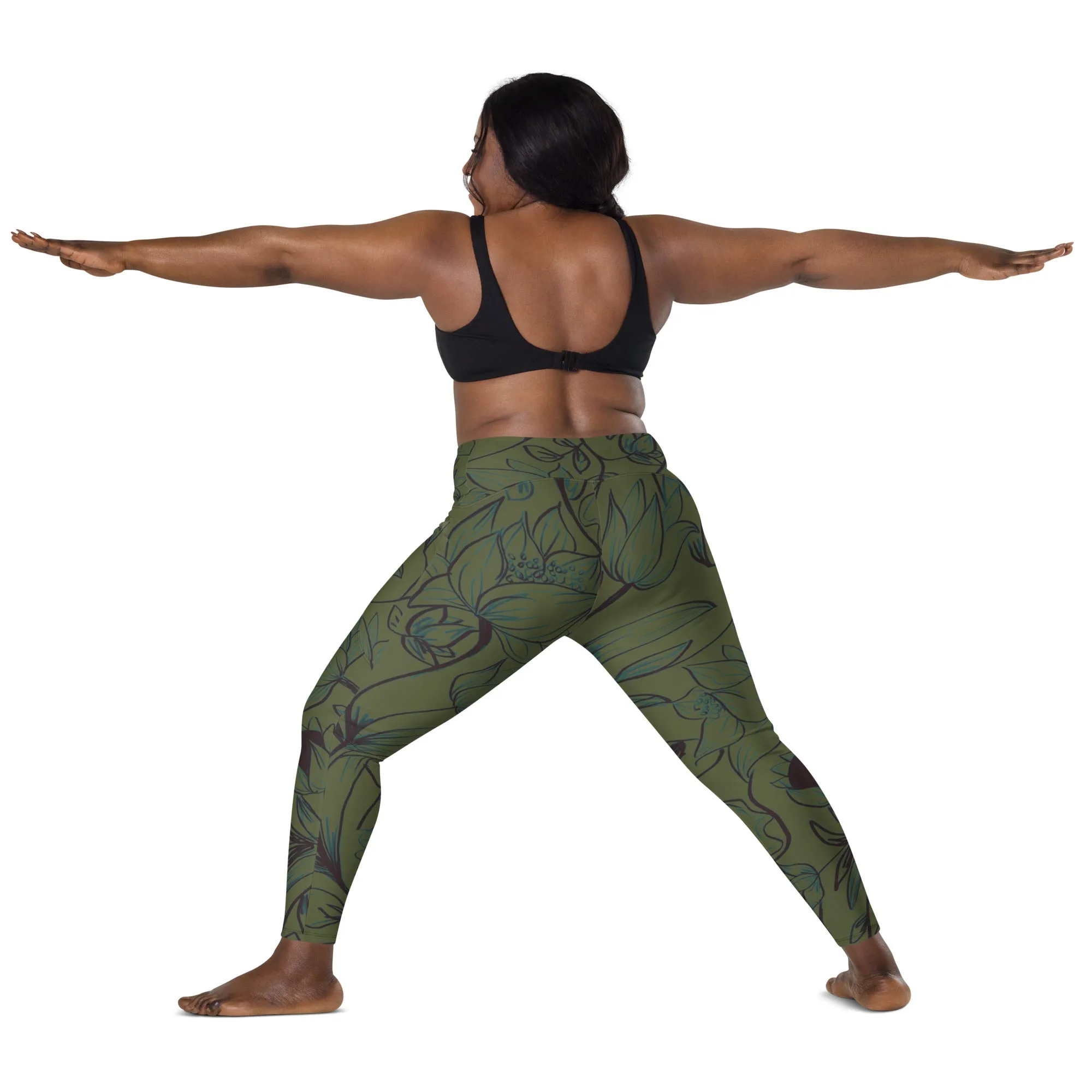Olive Green with Flowers Leggings with pockets. Miami Collection