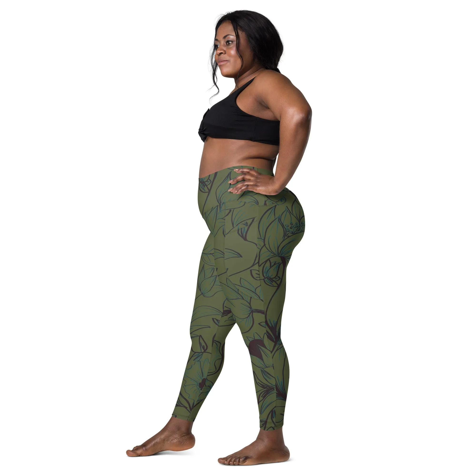 Olive Green with Flowers Leggings with pockets. Miami Collection