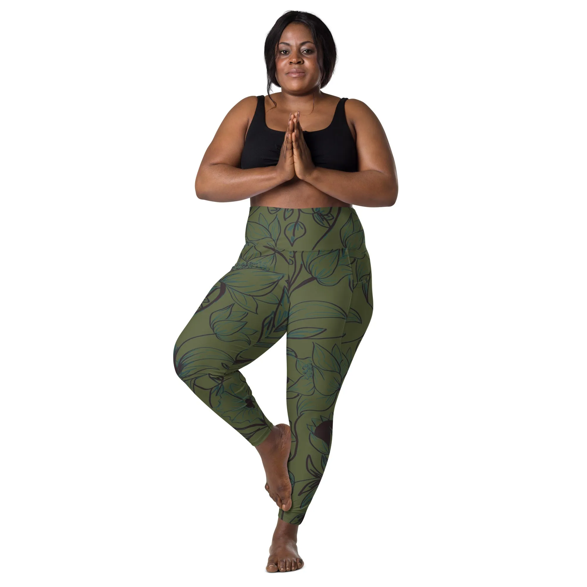 Olive Green with Flowers Leggings with pockets. Miami Collection