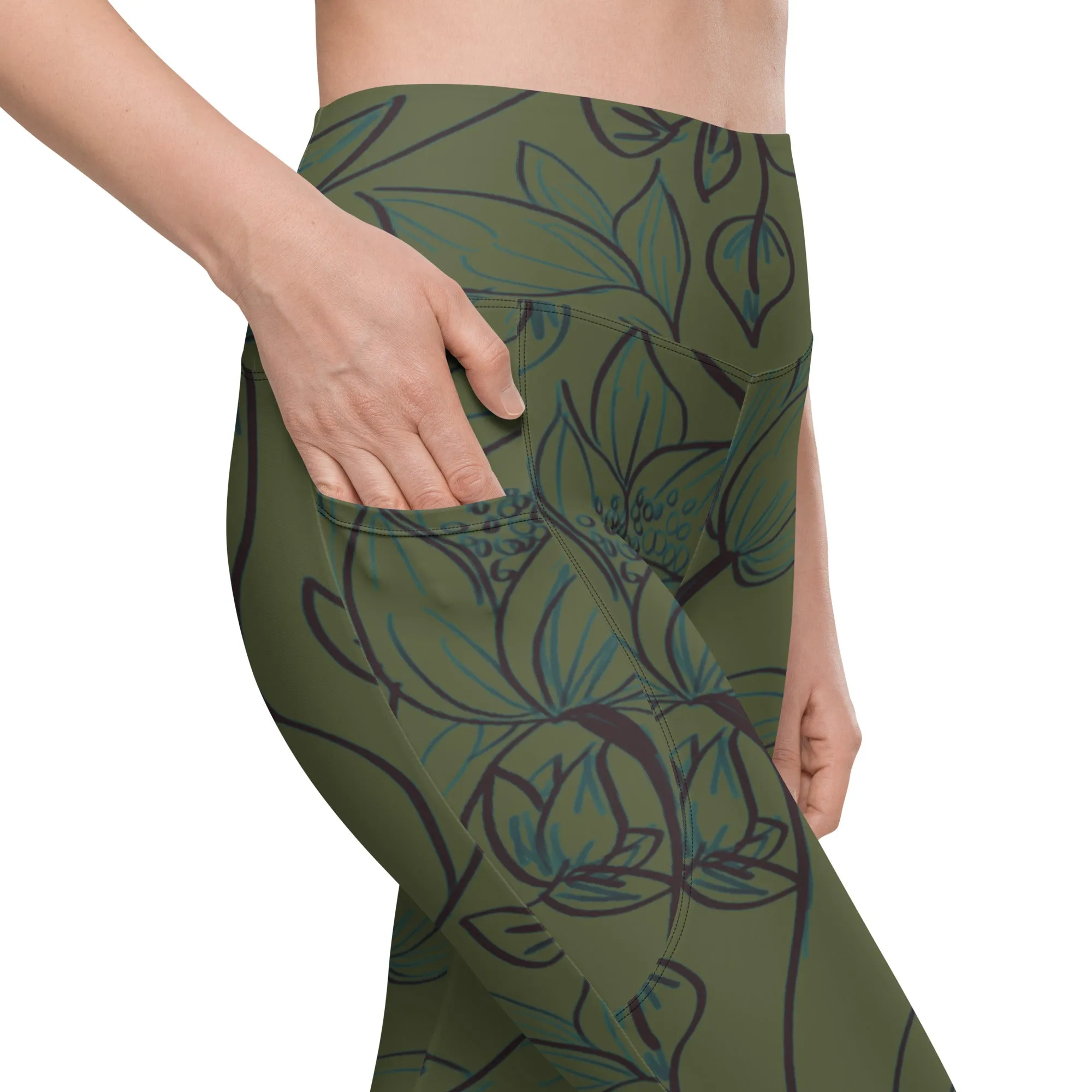Olive Green with Flowers Leggings with pockets. Miami Collection