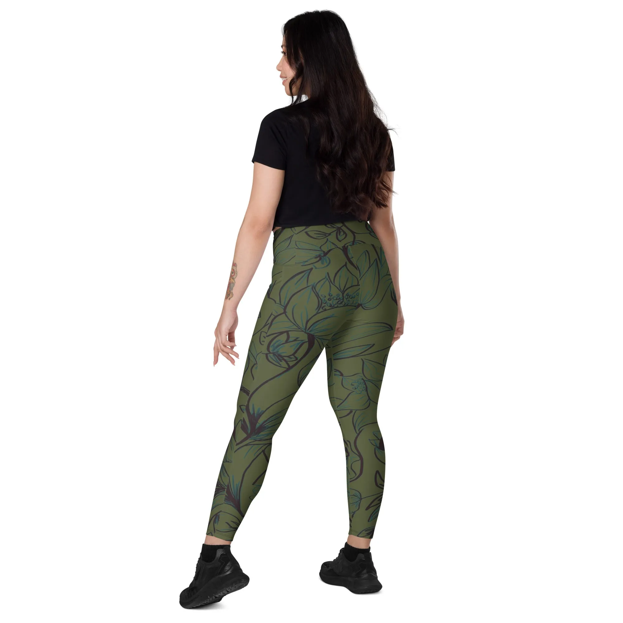 Olive Green with Flowers Leggings with pockets. Miami Collection