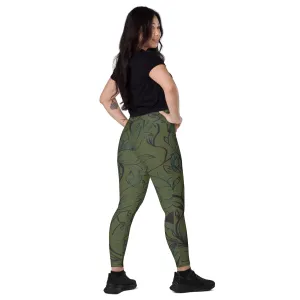 Olive Green with Flowers Leggings with pockets. Miami Collection