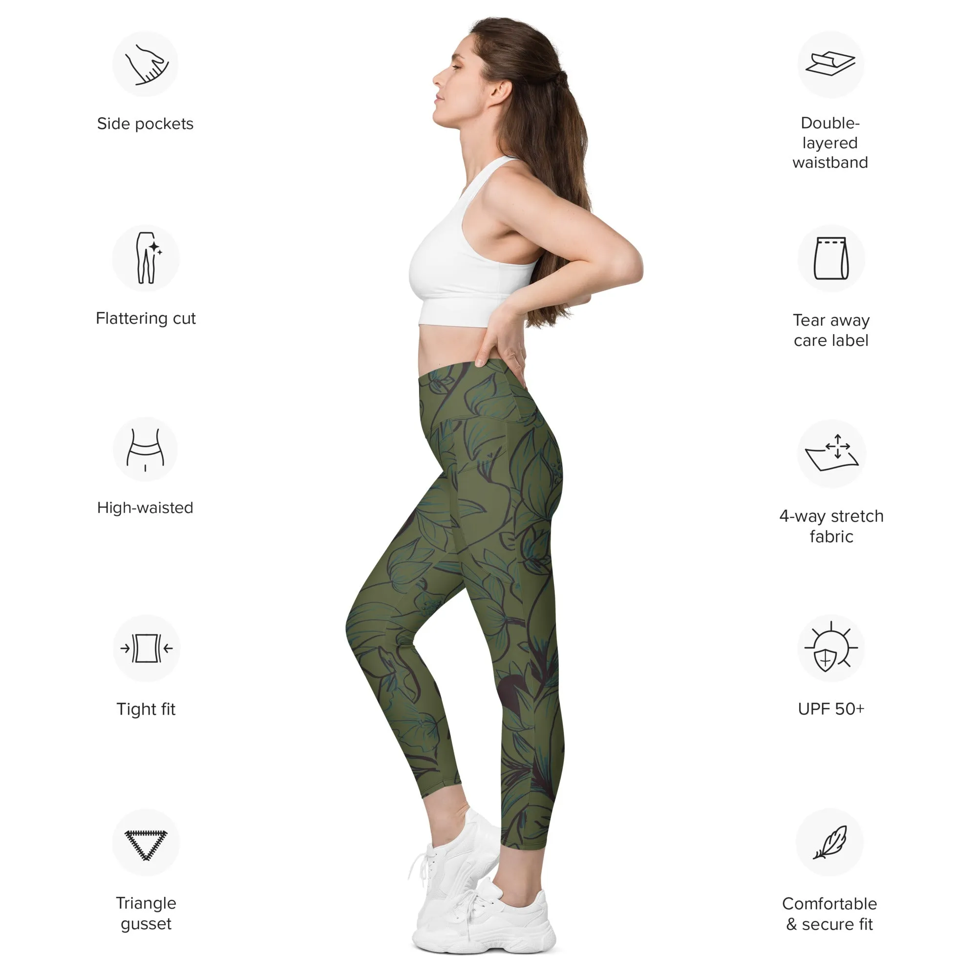 Olive Green with Flowers Leggings with pockets. Miami Collection