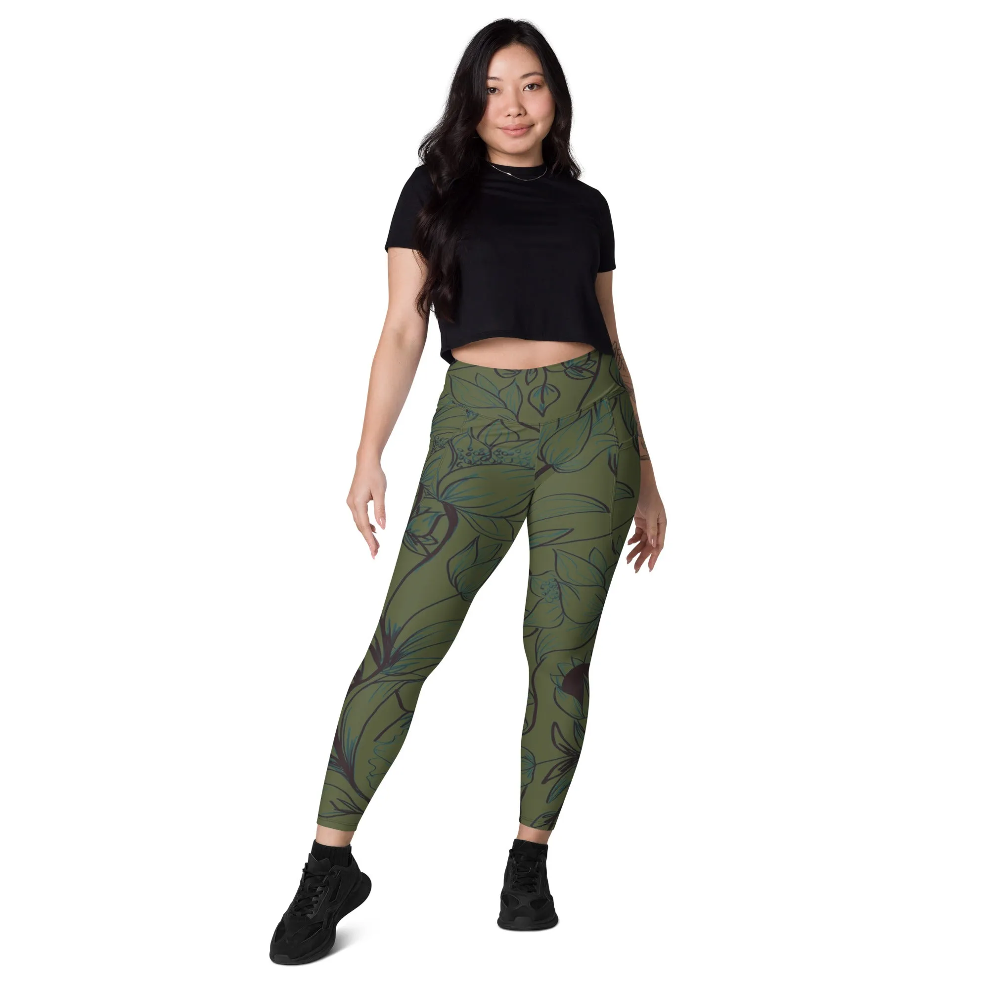 Olive Green with Flowers Leggings with pockets. Miami Collection