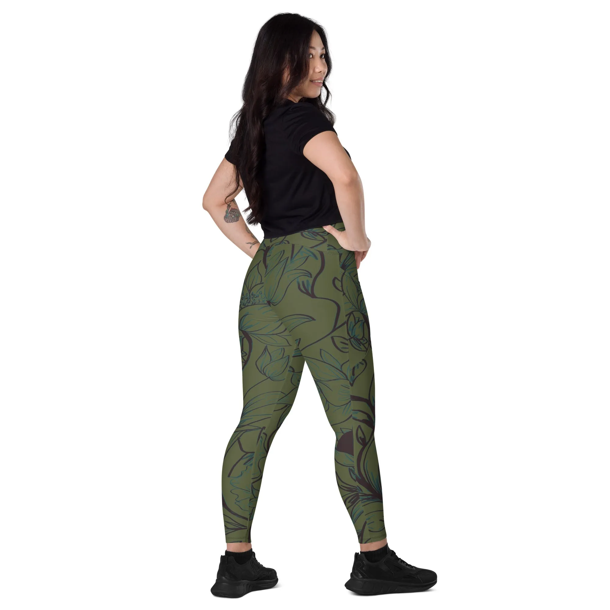 Olive Green with Flowers Leggings with pockets. Miami Collection