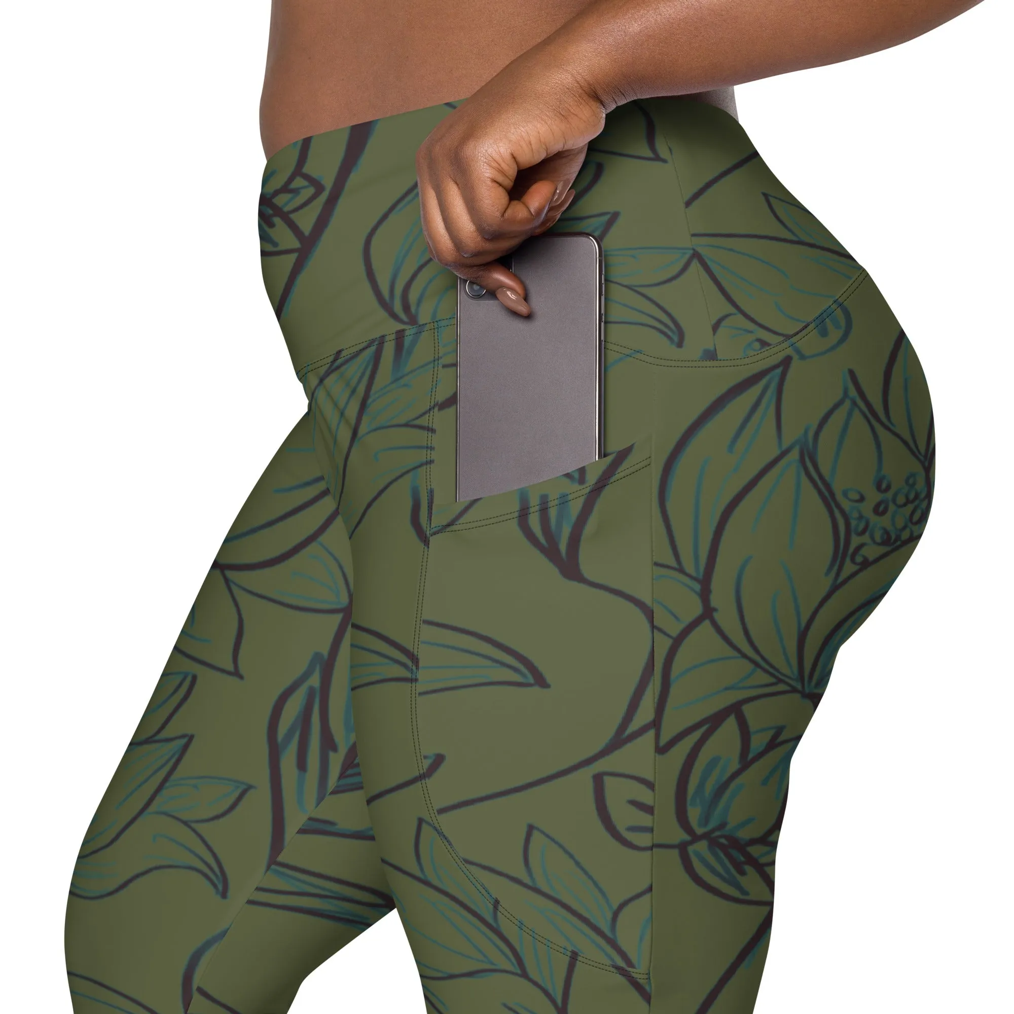 Olive Green with Flowers Leggings with pockets. Miami Collection