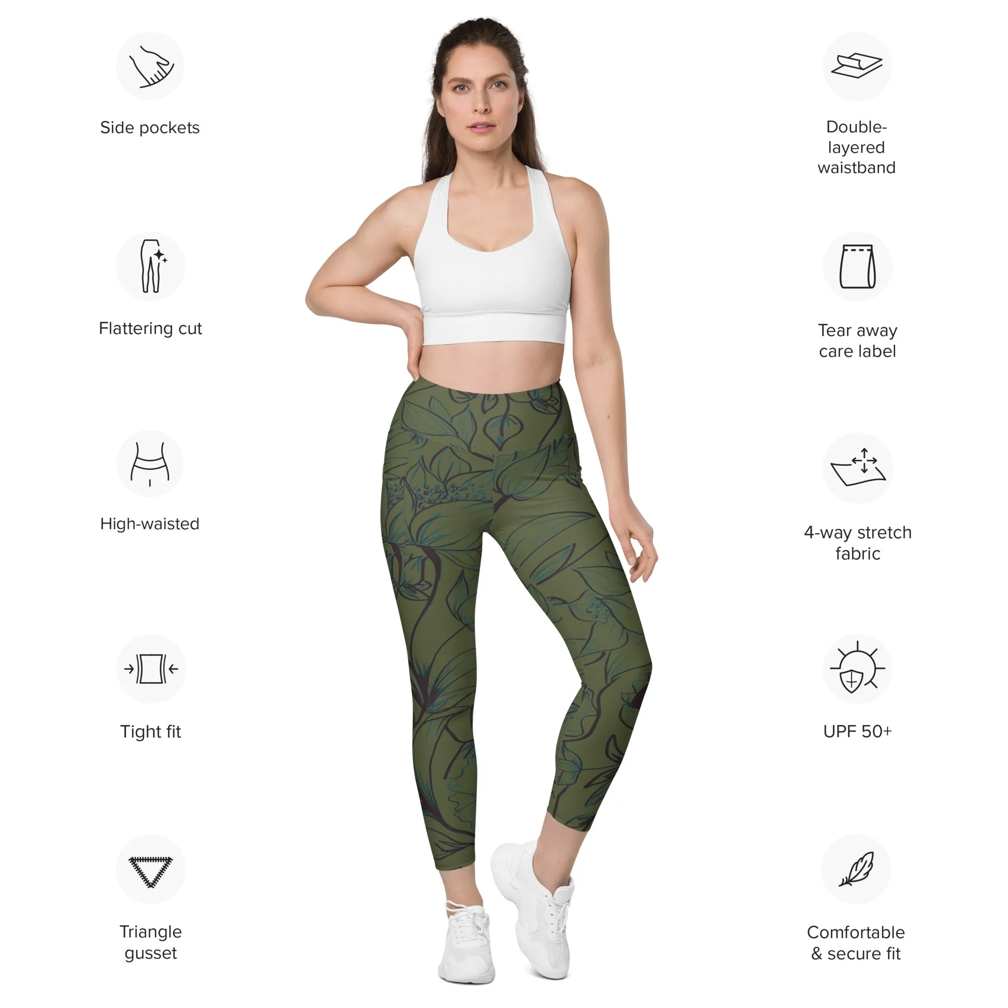 Olive Green with Flowers Leggings with pockets. Miami Collection