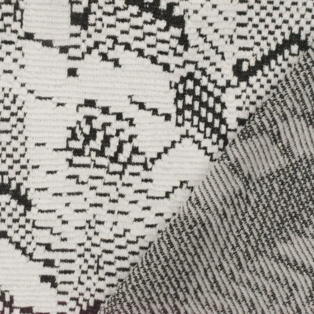 Paper White-Black Abstract Jacquard Stretch Poly Double Knit Fabric