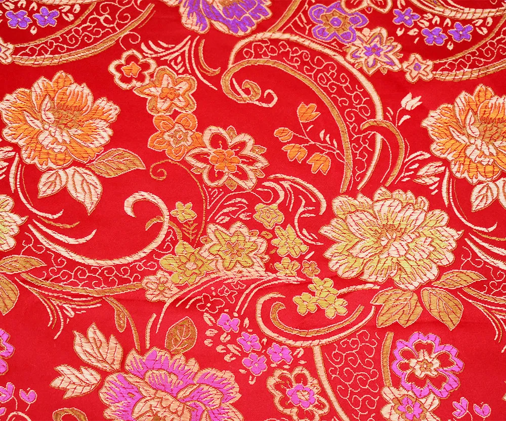 Red-Beige-Multi Polyester Floral Chinese Brocade Woven Fabric