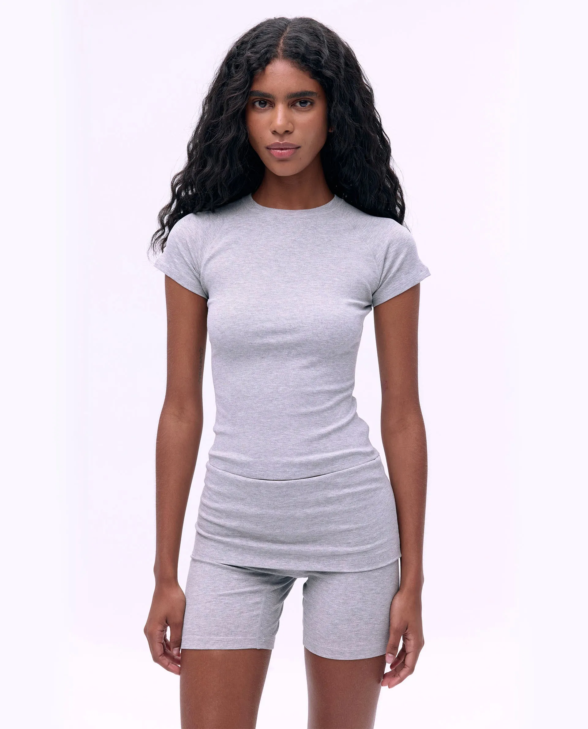 Rib Fold Over Crop Shorts - Grey Melange