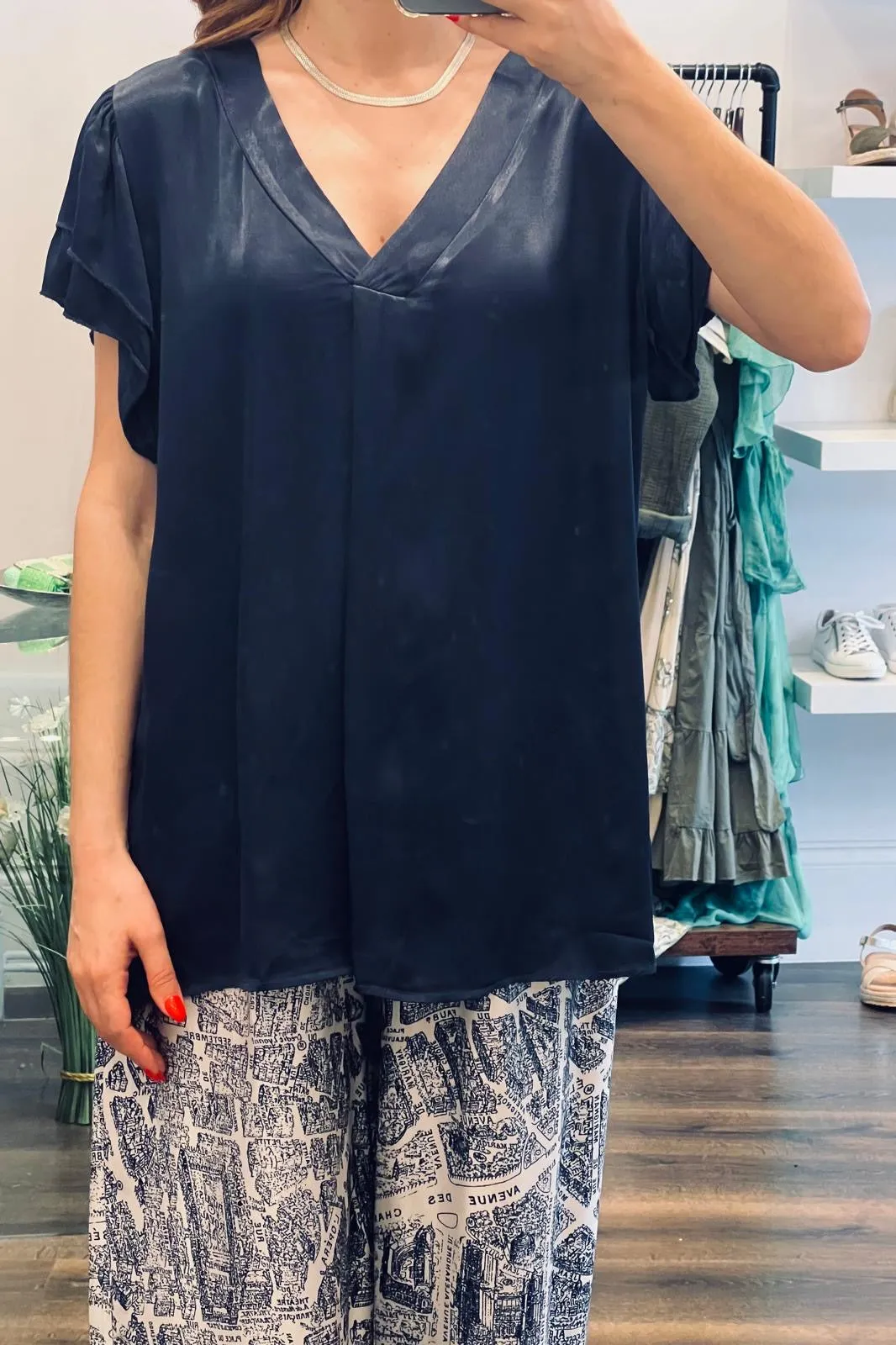 Satin Ruffle Sleeve Blouse