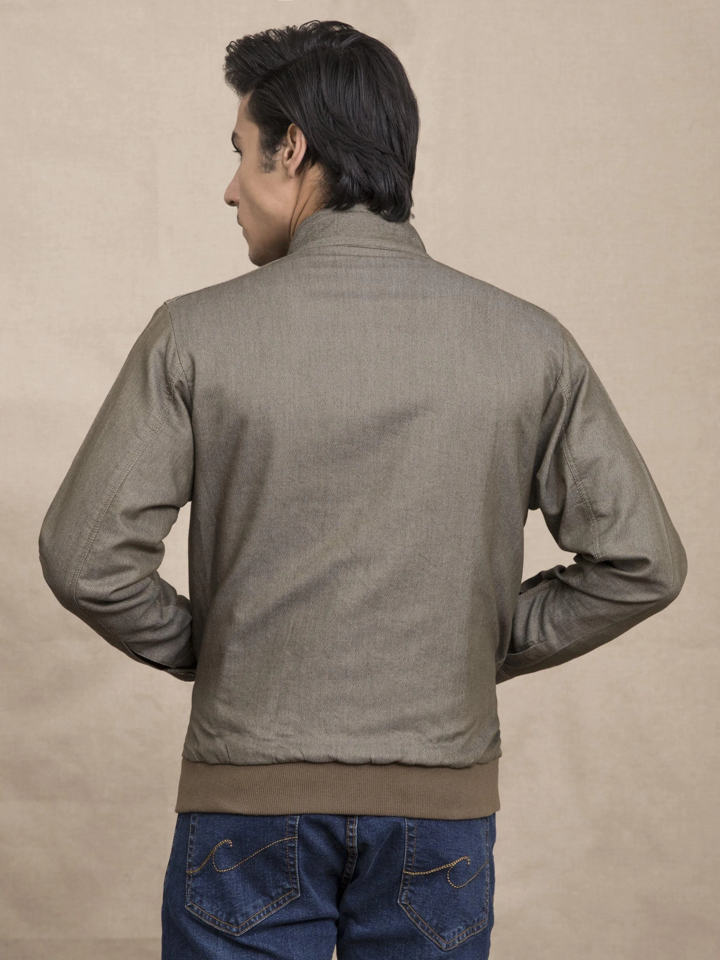 SELF TEXTURED BAN COLLAR JACKET BROWN