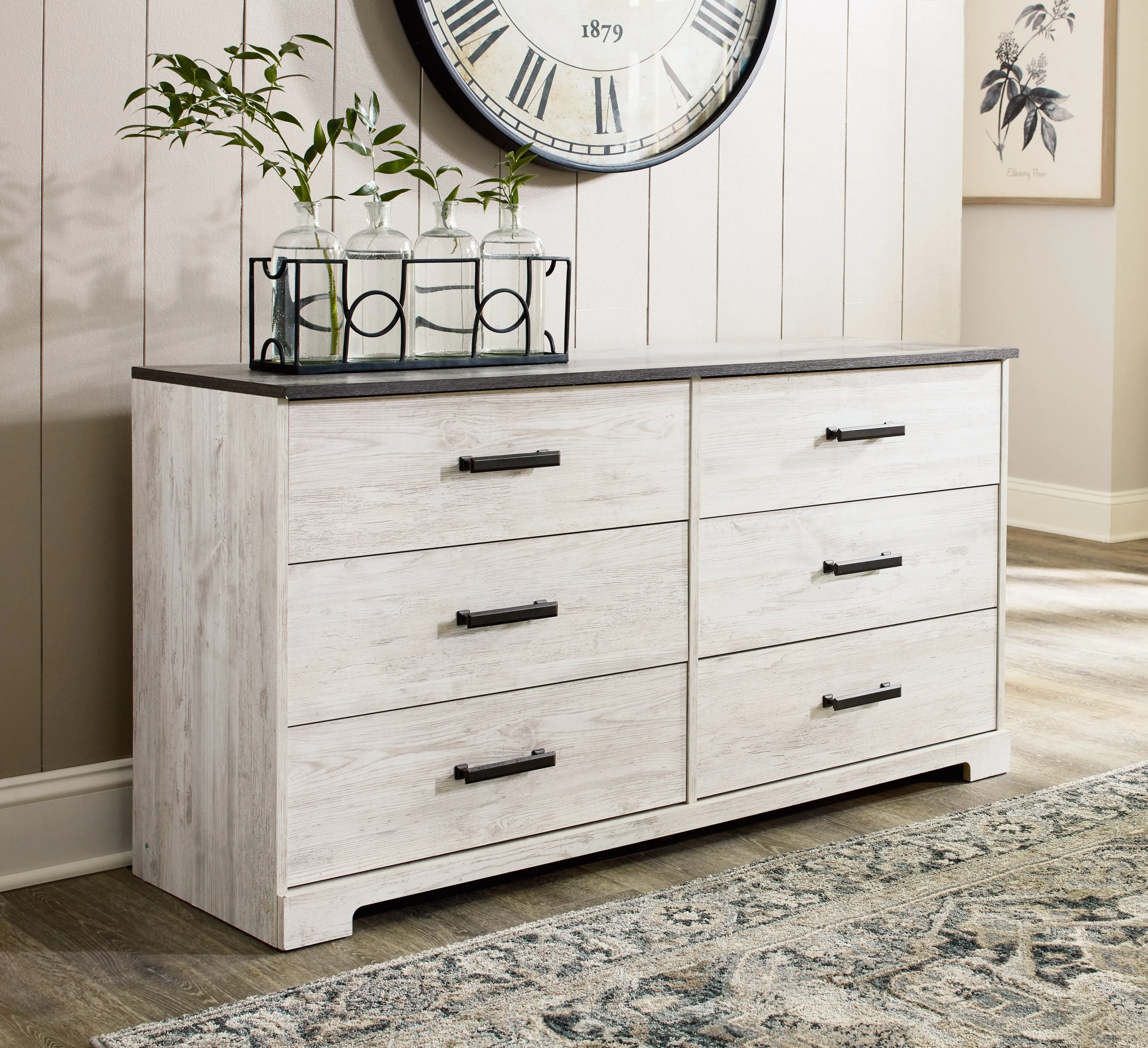 Shawburn Queen Platform Bed with Dresser and Chest in White/Dark Charcoal Gray