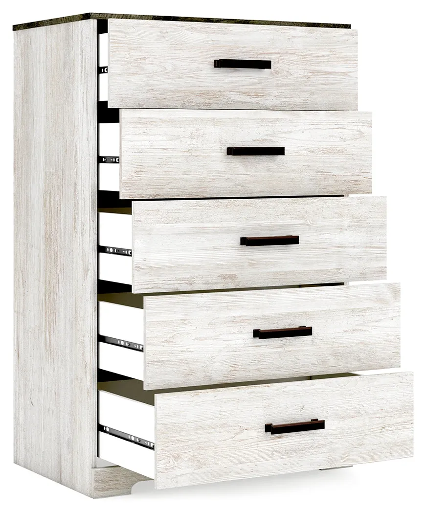 Shawburn Queen Platform Bed with Dresser and Chest in White/Dark Charcoal Gray