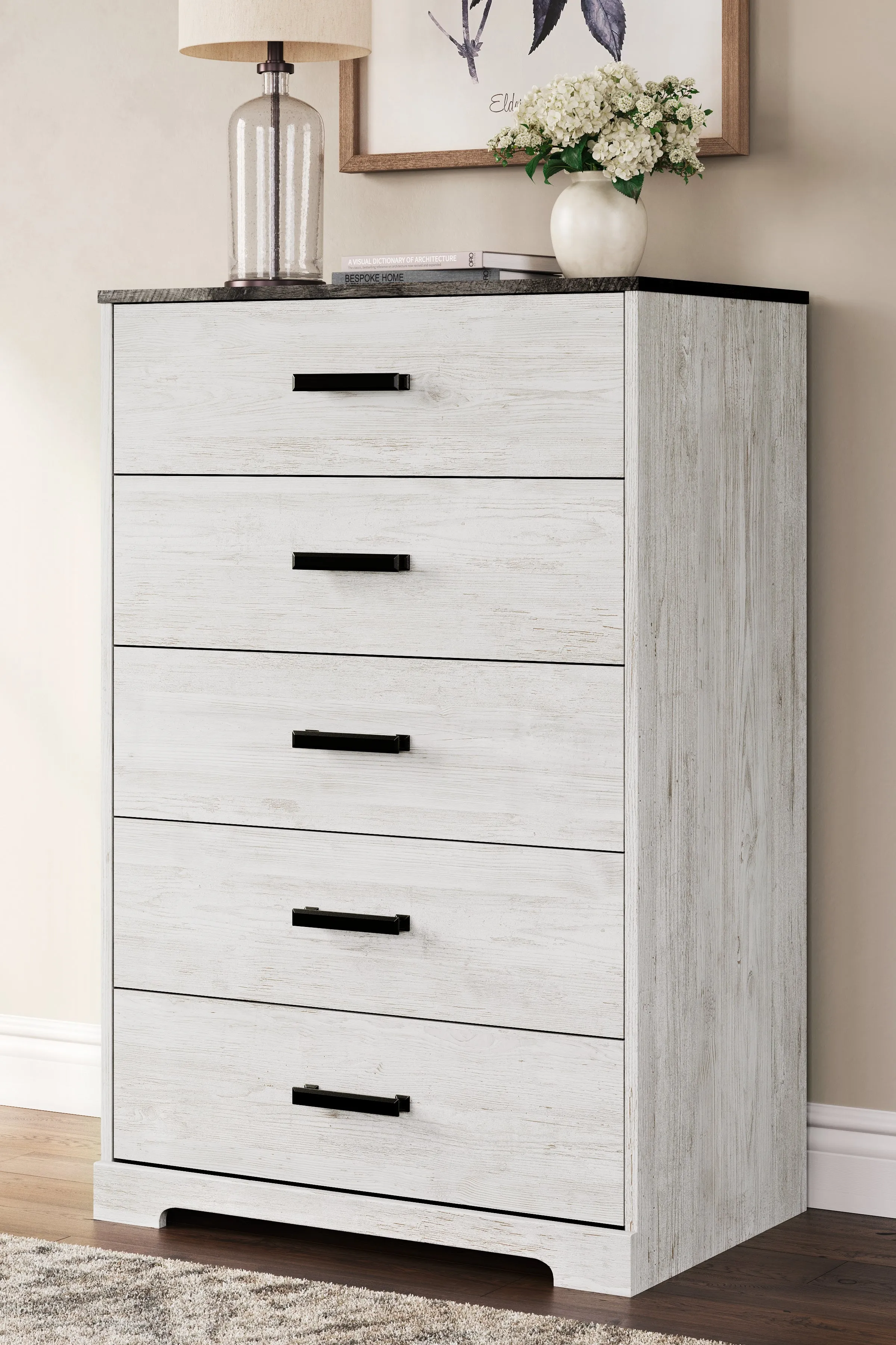 Shawburn Queen Platform Bed with Dresser and Chest in White/Dark Charcoal Gray