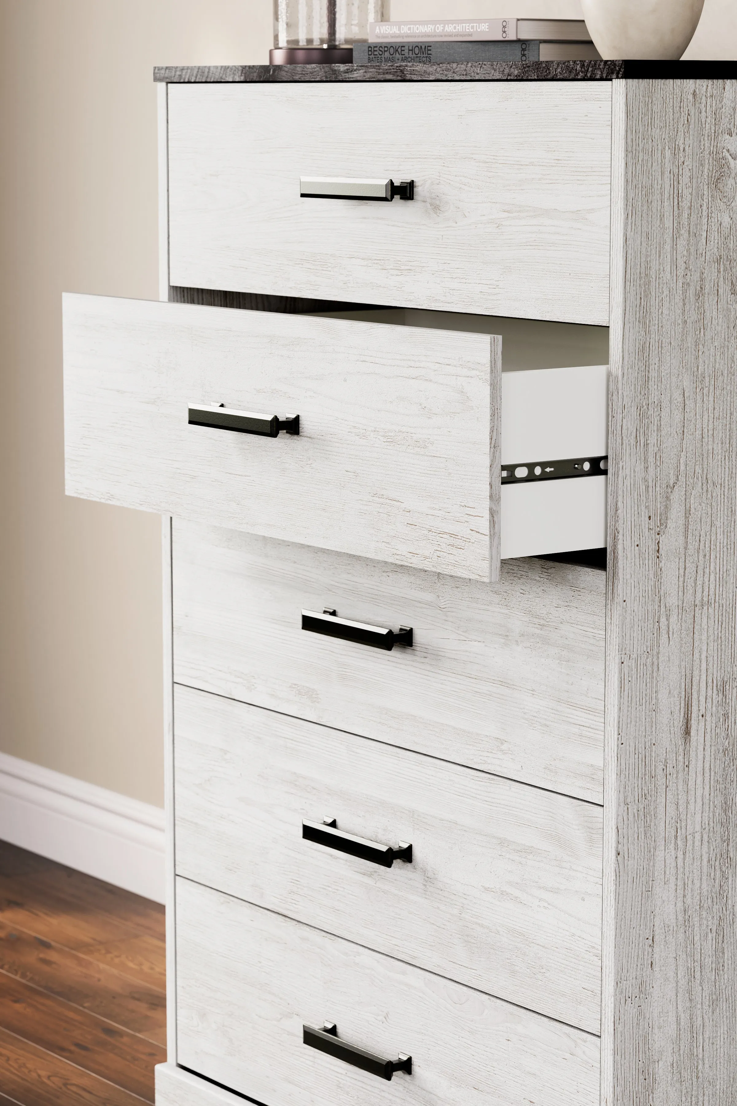 Shawburn Queen Platform Bed with Dresser and Chest in White/Dark Charcoal Gray