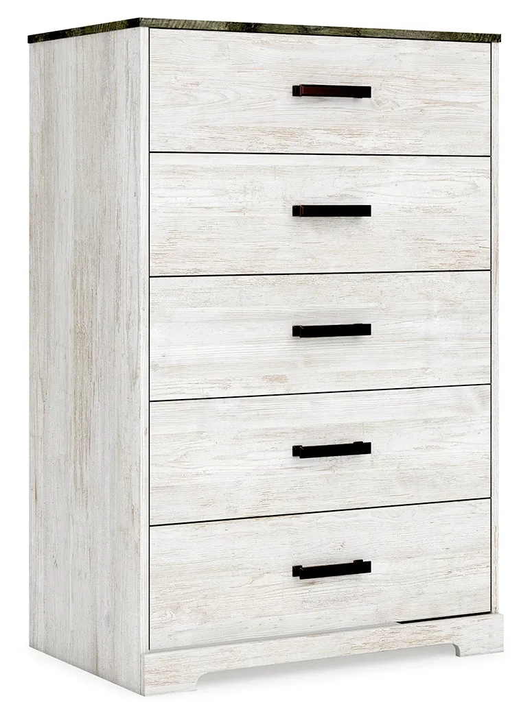 Shawburn Queen Platform Bed with Dresser and Chest in White/Dark Charcoal Gray